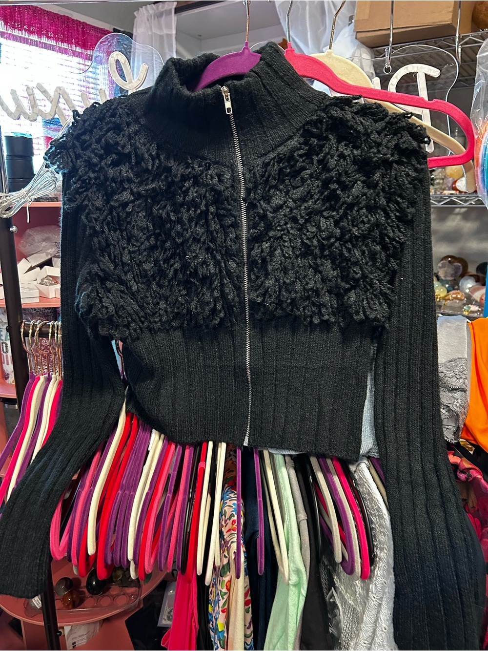 ShopEvelynne Black Zip-Front Textured Knit Sweater